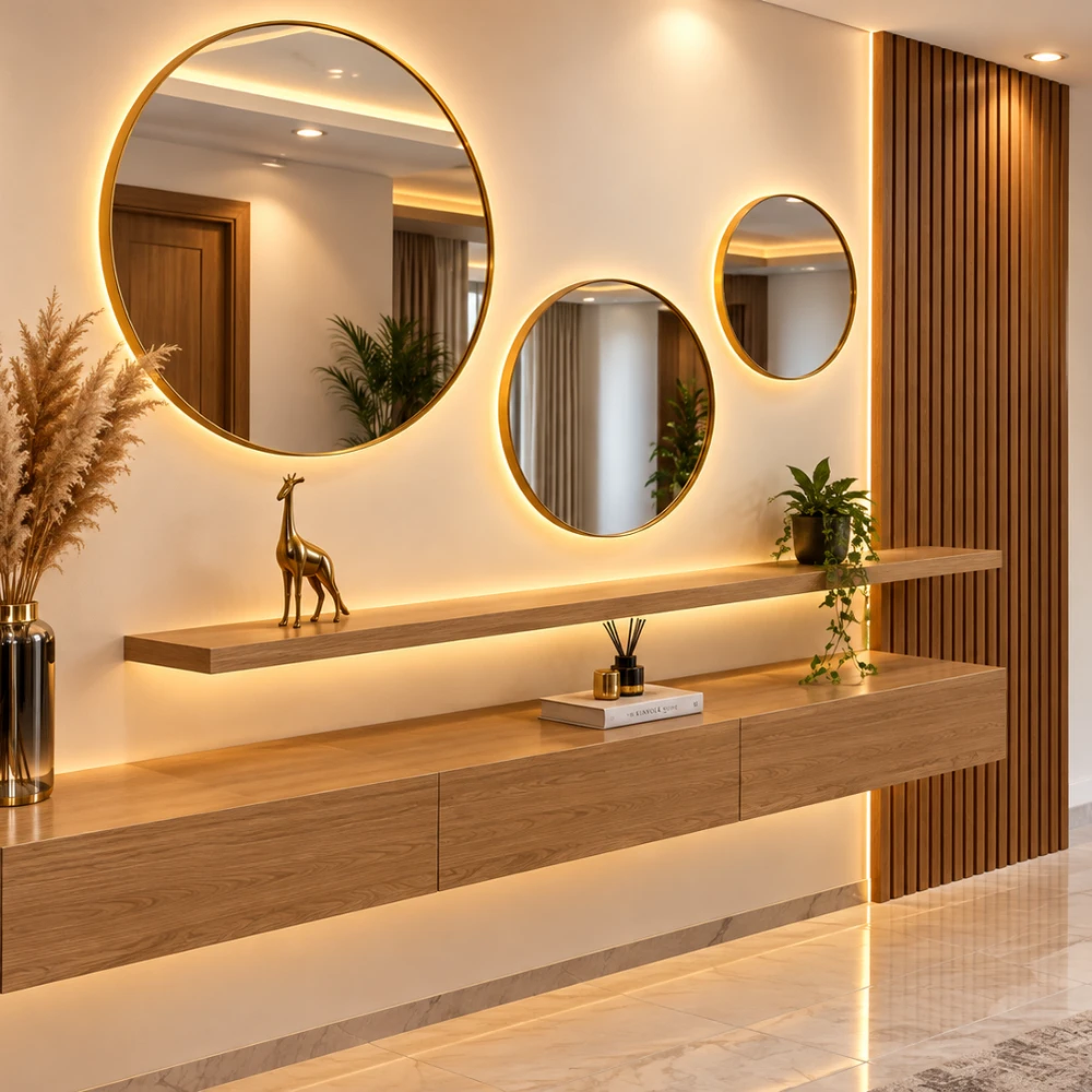 Meuble console d’entrée avec miroirs ronds