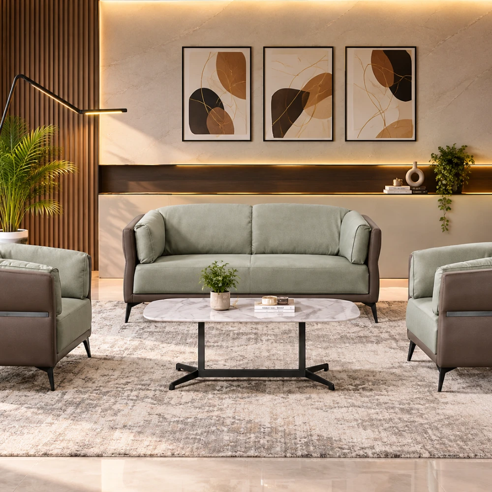 Ensemble canapé et fauteuils vert sauge